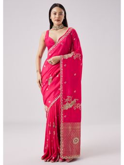KALKI FASHION - Rani Pink Embroidered Motif Saree with Unstitched Blouse