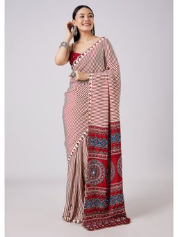 KALKI FASHION - Red Stripes Printed Saree with Unstitched Blouse