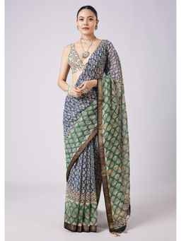 KALKI FASHION - Multi-Color Floral Printed Tassel Border Saree with Unstitched Blouse