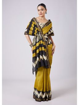 KALKI FASHION - Mustard Yellow Block Printed Saree with Unstitched Blouse