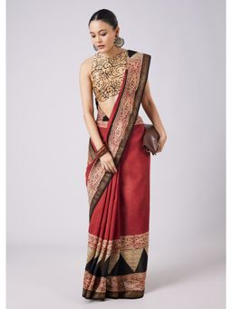KALKI FASHION - Red Geometric Block Printed Saree with Unstitched Blouse