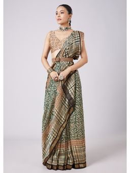 KALKI FASHION - Floral Block Printed Green Motifs Saree with Unstitched Blouse