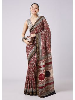 KALKI FASHION - Maroon Floral Printed Saree with Unstitched Blouse