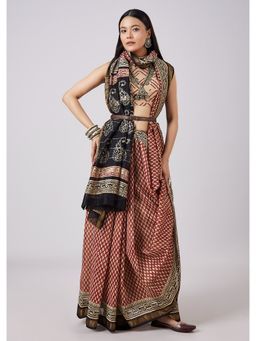 KALKI FASHION - Red Floral Hand Painted Motif Saree with Stitched Blouse