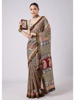 KALKI FASHION - Multi-Color Floral Block Printed Motif Saree with Unstitched Blouse