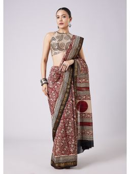 KALKI FASHION - Floral Maroon Block Printed Motif Saree with Unstitched Blouse