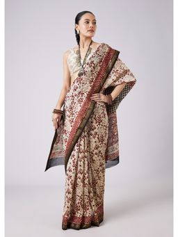 KALKI FASHION - Cream Floral Block Printed Saree with Unstitched Blouse