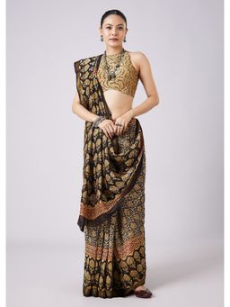 KALKI FASHION - Black Floral Block Printed Motif Saree with Unstitched Blouse