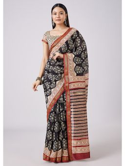 KALKI FASHION - Brown Hand Painted Floral Motif Saree with Unstitched Blouse
