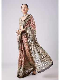 KALKI FASHION - Brown Block Printed Tassel Saree with Unstitched Blouse