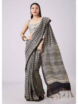 KALKI FASHION - Hand Painted Floral Motif Printed Black Saree with Unstitched Blouse