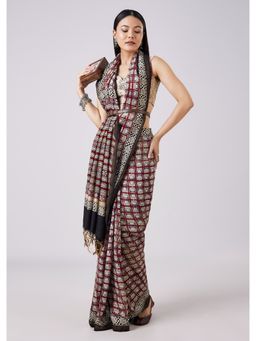 KALKI FASHION - Brown Hand Painted Motif Saree with Unstitched Blouse
