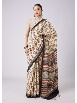 KALKI FASHION - Cream Tassel Border Floral Printed Saree with Unstitched Blouse