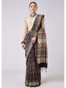 KALKI FASHION - Black Motif Floral Printed Saree with Unstitched Blouse