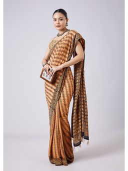 KALKI FASHION - Beige Block Printed Saree with Unstitched Blouse