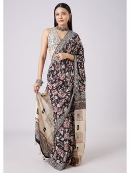 KALKI FASHION - Brown Floral Hand Painted Saree with Unstitched Blouse