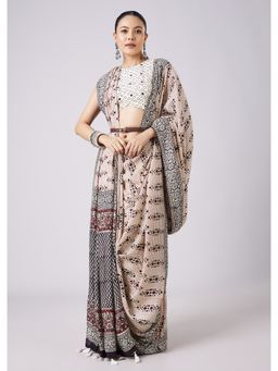 KALKI FASHION - White Block Printed Motif Saree with Unstitched Blouse
