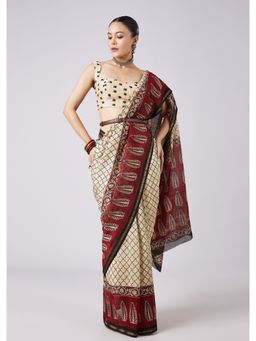 KALKI FASHION - Cream Colorblock Printed Saree with Unstitched Blouse