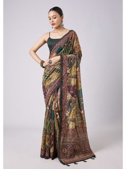 KALKI FASHION - Green Tassel Block Printed Saree with Unstitched Blouse