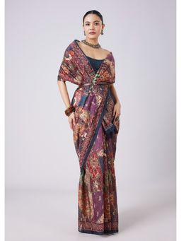KALKI FASHION - Blue Block Printed Motif Saree with Unstitched Blouse