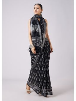 KALKI FASHION - Black Block Printed Tassel Border Saree with Unstitched Blouse