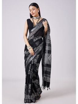 KALKI FASHION - Black Canvas Hand Painted Saree with Unstitched Blouse