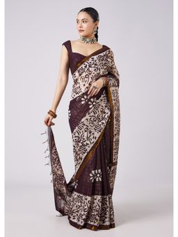 KALKI FASHION - Brown Tassel Floral Block Printed Saree with Unstitched Blouse