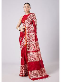 KALKI FASHION - Red Batik Printed Saree with Unstitched Blouse
