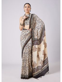 KALKI FASHION - Off White Floral Block Printed Tassel Saree with Unstitched Blouse