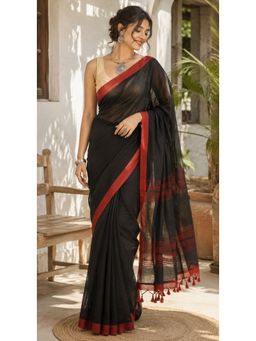 Niska - Black Cotton Solid Solid Saree With Unstitched Blouse