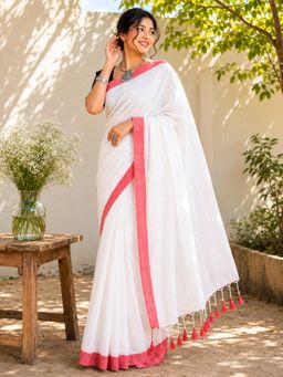 Niska - White Cotton Solid Solid Saree With Unstitched Blouse
