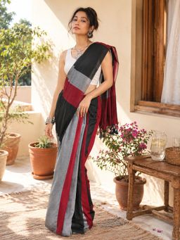 Niska - Multi-Color Cotton Colorblock Solid Saree With Unstitched Blouse