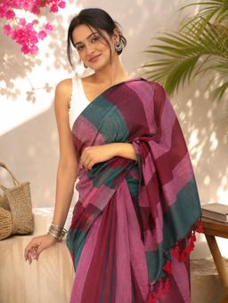 Niska - Multi-Color Cotton Colorblock Solid Saree With Unstitched Blouse