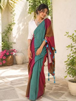 Niska - Multi-Color Cotton Colorblock Solid Saree With Unstitched Blouse
