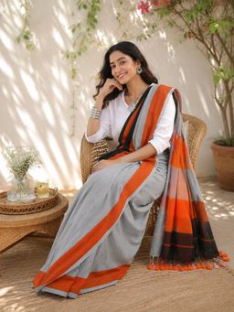 Niska - Multi-Color Cotton Colorblock Solid Saree With Unstitched Blouse
