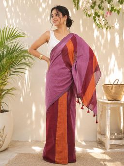 Niska - Multi-Color Cotton Colorblock Solid Saree With Unstitched Blouse