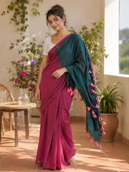 Niska - Multi-Color Cotton Colorblock Solid Saree With Unstitched Blouse
