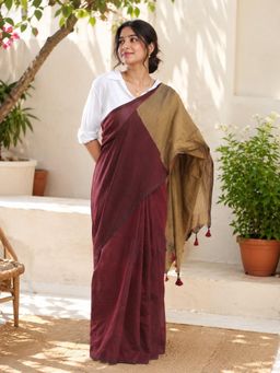 Niska - Multi-Color Cotton Colorblock Solid Saree With Unstitched Blouse