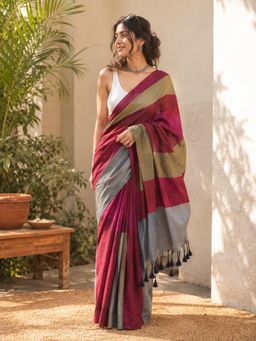 Niska - Multi-Color Cotton Colorblock Solid Saree With Unstitched Blouse