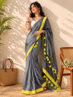 Niska - Grey Cotton Solid Solid Saree With Unstitched Blouse