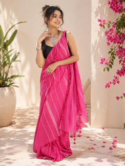 Niska - Pink Cotton Stripes Solid Saree With Unstitched Blouse
