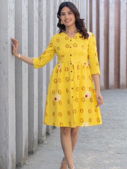 Sooti Syahi - Foral Medallion Yellow Hand Block Printed Cotton Dress