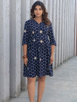 Sooti Syahi - Starry Night Hand Block Printed Cotton Dress Blue