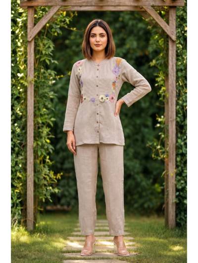 Sushi Flora Self Design Embroidery Cotton Co-Ord Set