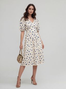Twenty Dresses by Nykaa Fashion - Blue Floral Print Puff Sleeve Fit & Flare Dress