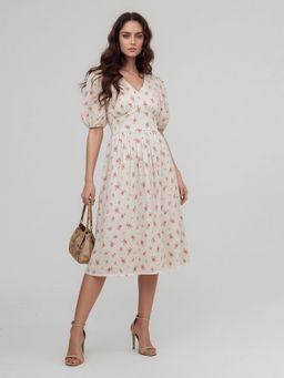 Twenty Dresses by Nykaa Fashion - Pink Floral Print Puff Sleeve Fit & Flare Dress