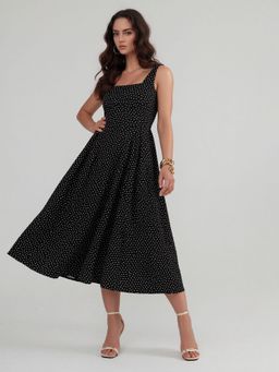 Twenty Dresses by Nykaa Fashion - Polka Dot Print Fit & Flare Black Midi Dress