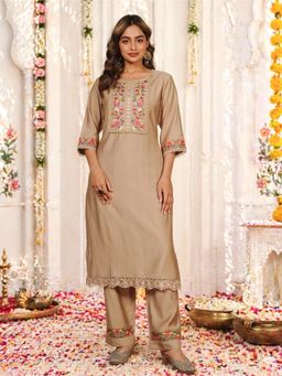 ARAMYA - Beige Silk Three Fourth Sleeves Round Neck Embroidered Kurta with Pants