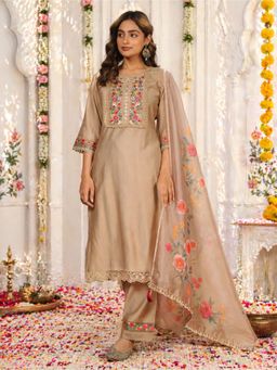 ARAMYA - Beige Silk Three Fourth Sleeves Round Neck Embroidered Kurta With Pants & Dupatta
