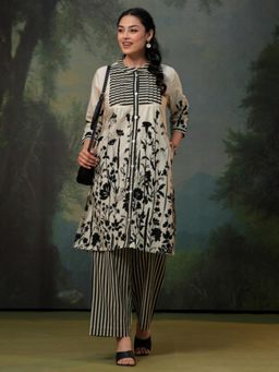 ARAMYA - Off White Cotton Linen Three Fourth Sleeves Round Neck Printed Kurta With Pants